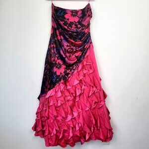 Vintage Y2K Jump Apparel Pink & Black Floral Satin Ruffle Hem Dress Whimsigoth